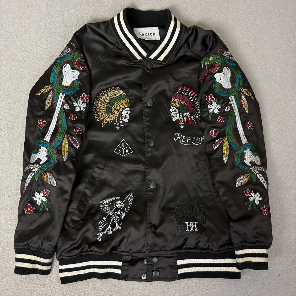 Reason NYC Satin Bomber Jacket Mens L Black Embroidered Skull Snake Varsity